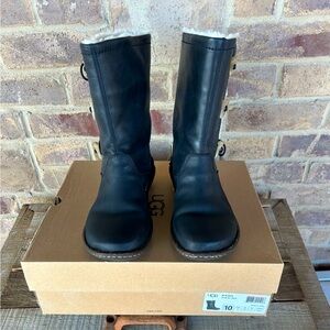 UGG Women’s Kona 5156 Black Leather Sheepskin Fur Lined Boots Size 10